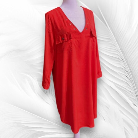 Red V-Neck Roll-Tab Sleeve Shirt Dress Live 4 Truth - Picture 4 of 8